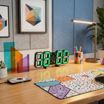 现代3D发光数字挂钟 – 静音、闹钟模式、智能光敏、简约多功能设计，带温度显示、日期显示和LED背光，是家庭或办公室的理想之选 | 塑料边框挂钟，客厅挂钟