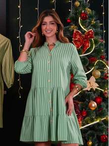 Women's Striped Midi Dress With Shirt Collar And Bishop Sleeves, Casual, With Buttons, Asymmetrical Hem, Summer And Beach. - 青檸色 - 查看 3