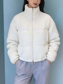 Chaqueta de algodón de pana chaqueta de algodón corta femenina versión coreana de pan suelto Novedad de invierno: chaqueta de algodón de pana para mujer, estilo coreano, corte holgado, largo corto, tallas grandes, chaqueta ligera para estudiantes, cálida y cómoda, informal, cuello alto, prenda exterior de algodón de pana. - Blanco - Ver 5