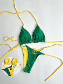 Swim Mod Women's 2 Pieces Bikini Set, Brazilian Flag Print, Reversible, Halter Tie Design, Perfect For New Year And Christmas - Beach Vacation - Multicolor - View 1