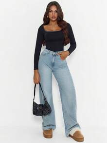 Top à manches longues, col rond simple, élastique, couleur unie pour femmes