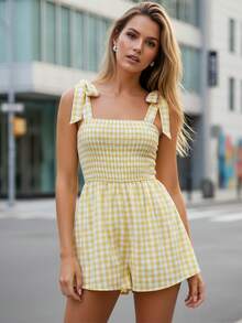 Women's Summer Spaghetti Strap Jumpsuit Sleeveless Wide Leg Plaid Shorts Overalls - Màu vàng - Xem 2