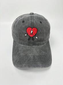 1 pieza Gorra de béisbol de denim vintage lavado con bordado de corazón, gorra snapback casual y versátil unisex - A - Ver 12