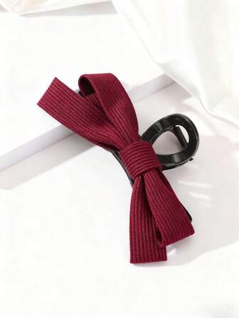 1个酒红色双面蝴蝶结发夹，适合日常佩戴，秋冬季发饰，女士度假装扮，罗纹蝴蝶结发夹