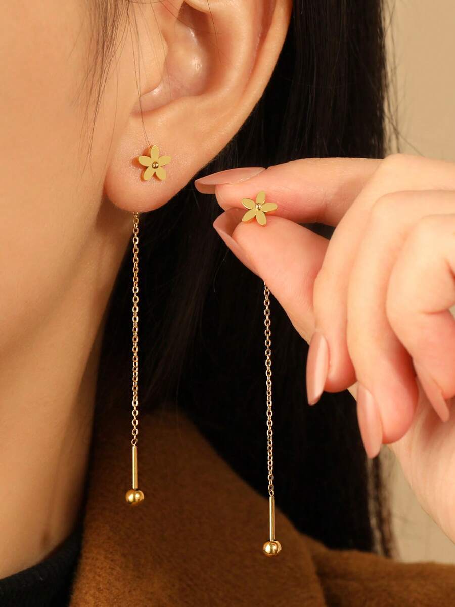 New Fashion Gold Flower Tassel Chain Ball Drop Earrings, Delicate Mini Linear Hanging Earrings, Jewelry Bridal Wedding Pendant Gift - Gold - View 1
