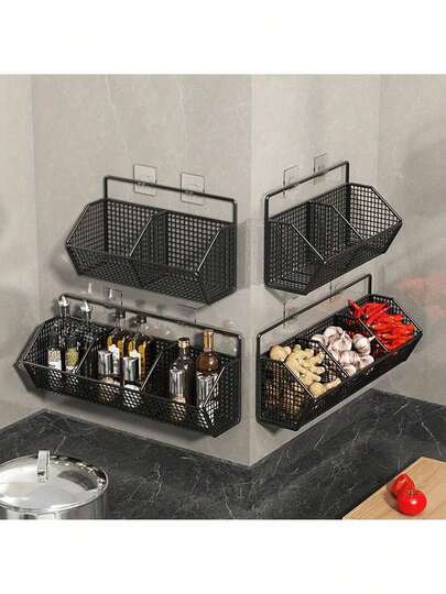 Multifunctional 2 Compartment And 3 Compartment Kitchen Spice And Vegetable Storage Rack, Large Capacity No-Punch Wall Mounted Storage Rack For Kitchen Spice Bottles, Knives & Forks, Space Saving Vegetable Storage Organization