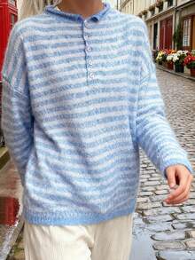Women Striped Knit Sweater Long Sleeve Button Closure Solid/Stripes Pullover Warm Sweater For Fall Winter - Blue - View 5