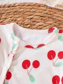 2pcs Cute Cherry Striped Print Beige And Red Long Sleeve Jumpsuit Set, Suitable For Baby Girls, Comfortable Fabric, Suitable For Spring, Autumn And Winter - Multicolor - View 8