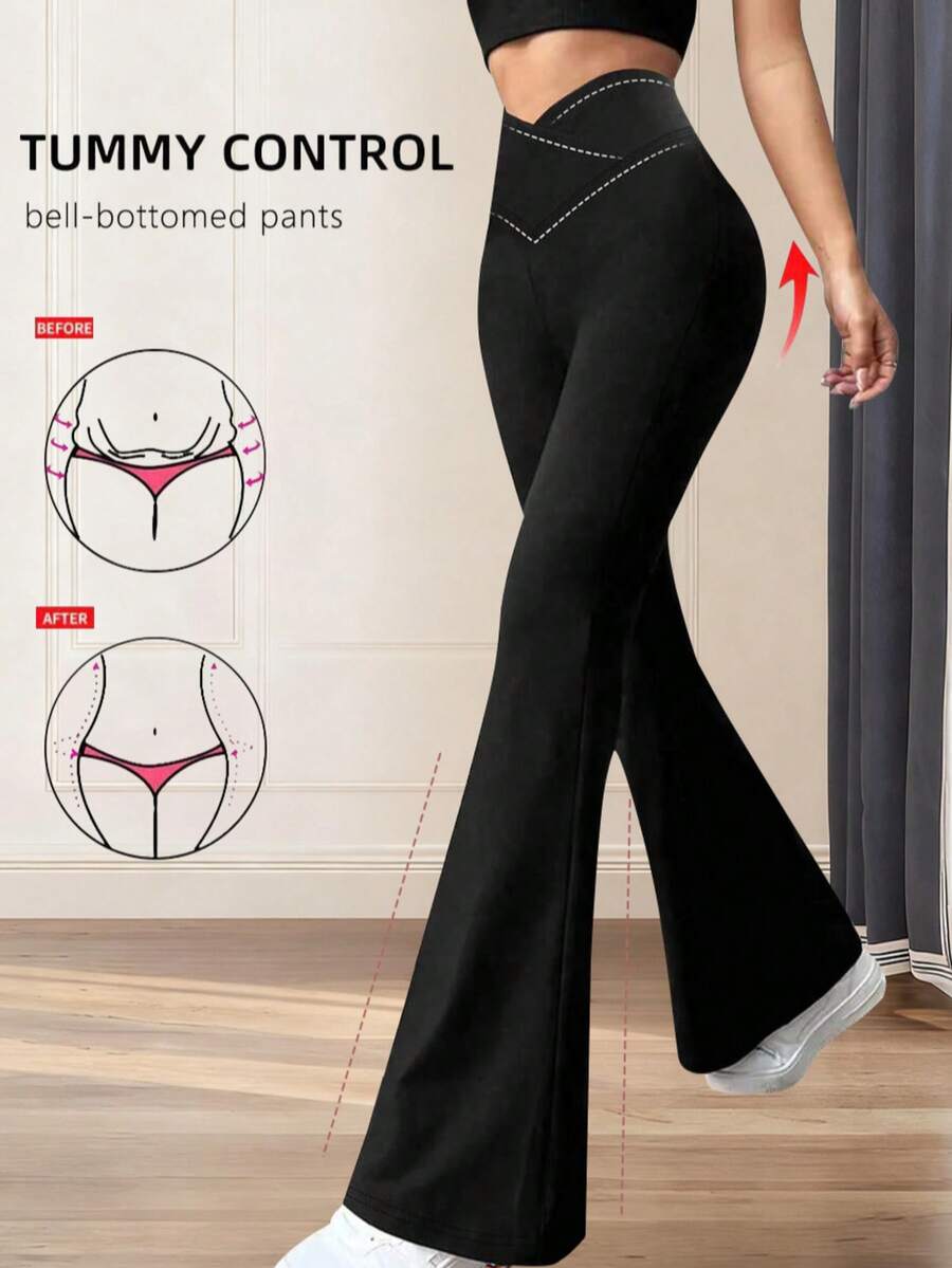 Calça Flare Preta Feminina, Calça de Ioga Casual, Volta às Aulas, Roupa Feminina de Outono, Calças, Calça de Moletom, Calça Comprida Feminina Primavera - Preto - Visão 1