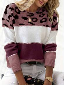 女士宽松可爱撞色豹纹毛衣，休闲舒适罗纹针织圆领长袖套头衫 - 彩色 - 查看 4
