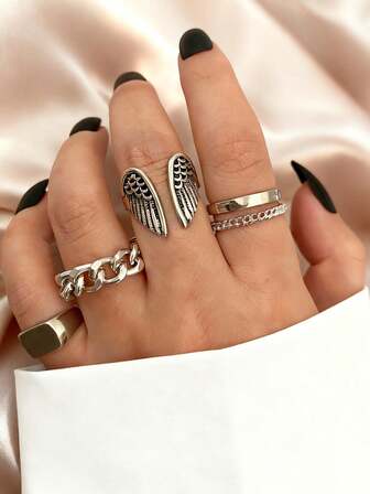 Vintage Punk Cool Angel Wing Stackable Ring Set Jewelry For Women