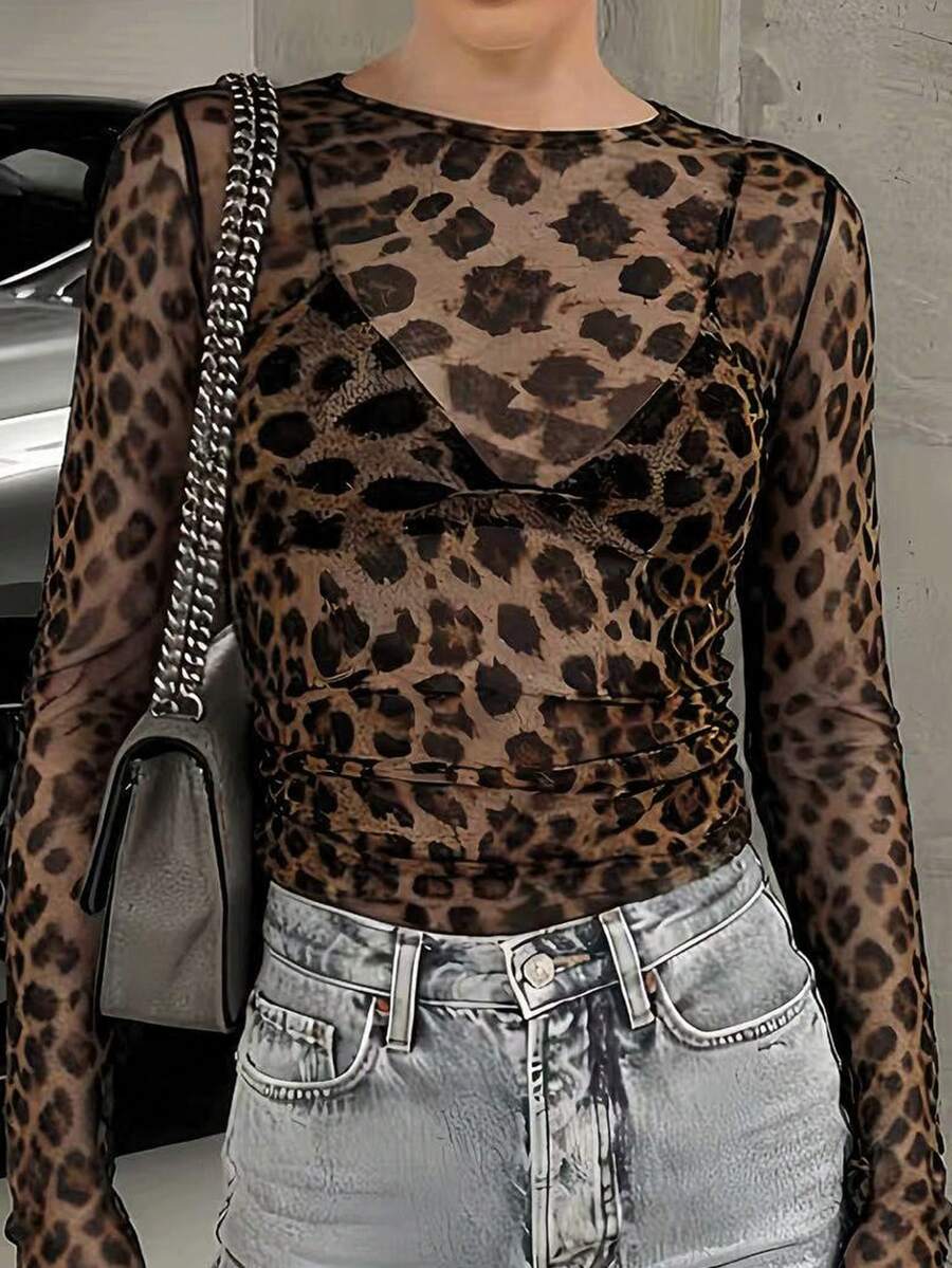 Da Jade Women Spring Autumn Casual French Long Sleeve Mesh Leopard Print Crop Top Round Neck Slim See Through For Daily Commute Club Night Cocktail Holiday - Brown - View 1