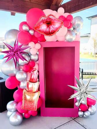 111pcs/Set Princess Makeup Theme Pink & Silver Balloon Garland Arch Set, Includes Lipstick, Lips, Silver & Hot Pink Foil Explosion Star Balloons, Hot Pink & Silver Pink Foil Balloons, Suitable For Makeup Theme, Birthday Party Decor, Bridal, Bachelorette, Anniversary, Graduation Party Decoration
