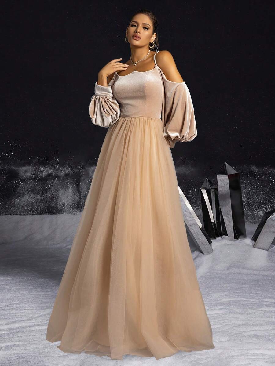 VIPGIRL Váy dạ hội chữ A dài tay bằng vải tuyn đơn giản, màu trơn, thanh lịch, váy trang trọng - Màu Khaki - Xem 1