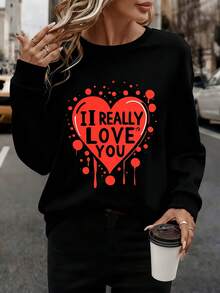 I Really Love You Heart Graphic Sweatshirt For Valentine's Day Romantic Gift Wearable Art Statement Top - 黑色 - 查看 1