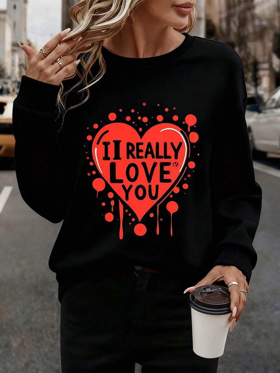 I Really Love You Heart Graphic Sweatshirt For Valentine's Day Romantic Gift Wearable Art Statement Top - 黑色 - 查看 1
