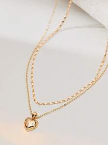 Nooxian 2件套情人节礼物：扁平铜链和心形立方氧化锆叠层吊坠项链 - 金黃色 - 查看 6