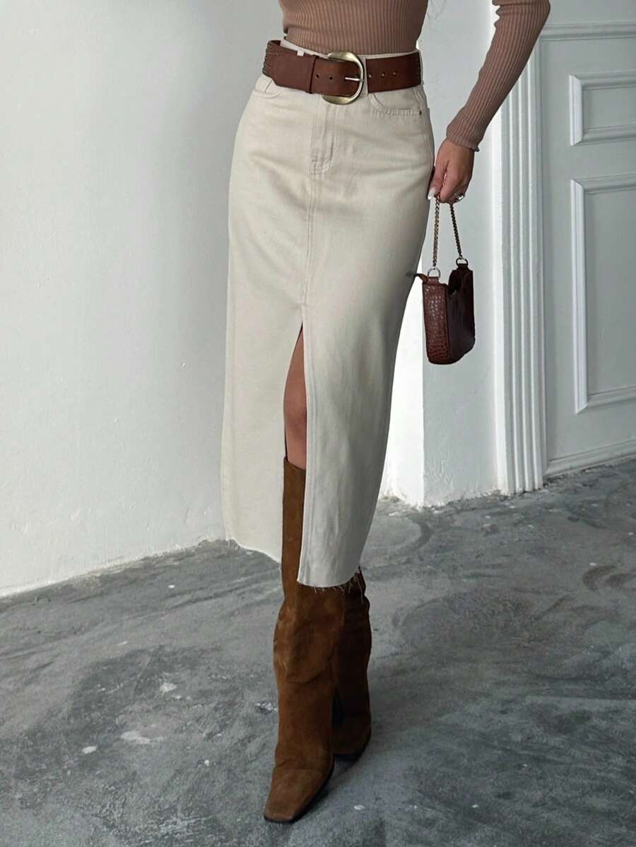 Eleganter, figurbetonter Rock mit hohem Schlitz Einfarbig - Beige - Übersicht 1