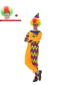 Funny Colorful Clown Costume Full Set For Party Clown Costume Set, Adults,Hat,Colorful Wig, Red Nose, Halloween, Party, Jester Outfit - Multicolor - View 12