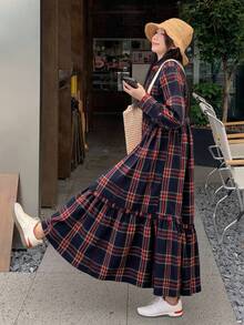 DAZY 女士宽松休闲百搭格子圆领长袖长款喇叭下摆连衣裙，秋冬款 - 紅色 - 查看 3