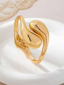 1pc Fashionable Minimalist Thick Solid Gold Teardrop Shaped Bangle Bracelet, Suitable For Women's Daily Wear - Yellow Gold - View 3