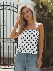 Women Dot Print Tube Tops Slim Off Shoulder Sleeveless Open Back Crop Shirts  Summer Streetwear - 白色 - 查看 5