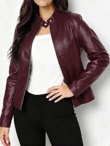 Women's Fashionable Casual Solid Color Long Sleeve Motorcycle Style Zipper PU Leather Jacket, Suitable For Spring, Autumn And Winter - Burgundy - View 3