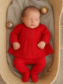 Newborn Baby Girl's Dress And Pants Set - Embroidered With Pearls - Newborn Size - Đỏ - Xem 3