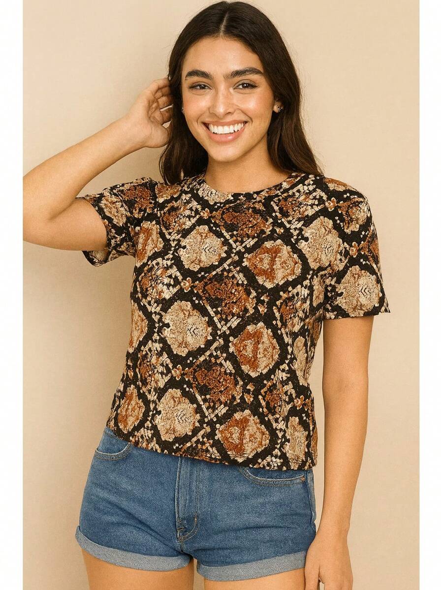 Women's Brown Snakeskin Blouse, Casual Fashion - Rust Brown - View 1