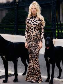 Nuevo vestido de moda primavera/verano FENDAI con cuello alto, manga larga, estampado digital de leopardo, ajustado y fruncido, adecuado para fiesta, Día de San Valentín - Multicolor - Ver 4