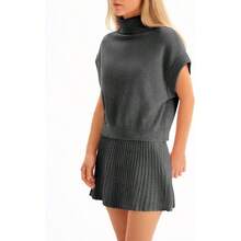- Conjunto de falda de 2 piezas para mujer, conjunto de suter 2025 con cuello alto, manga casquillo y minifalda plisada, trajes de viaje - Gris oscuro + M - Ver 3