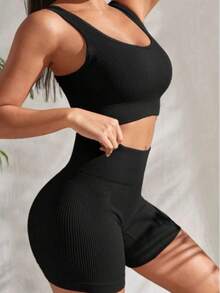 Seamless Ribbed Polyamide Fitness Set: Top And Shorts - Negro - Ver 2