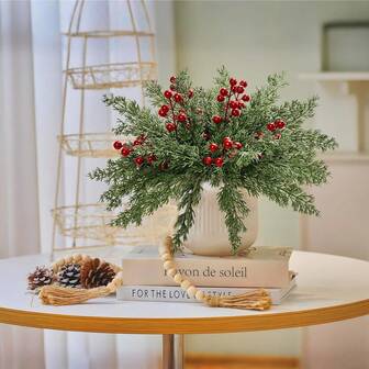 30pcs 10.62inch Christmas Artificial Pine Branches With Red Berry Stems Faux Evergreen Norfolk Pine Cypress Leaves Stems Realistic Foliage Pine Needles DIY Craft Vase Filling Suitable For Wedding Wreaths, Dining Tables, Living Rooms, Home Decor, Christmas Decoration