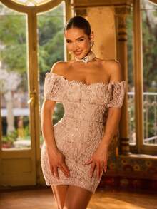 Faeriesty Elegant Off-The-Shoulder Pearl-Embellished Formal Evening Gown With Fitted Silhouette – Perfect For Galas, Weddings, Formal Event Party - Champagne - View 8