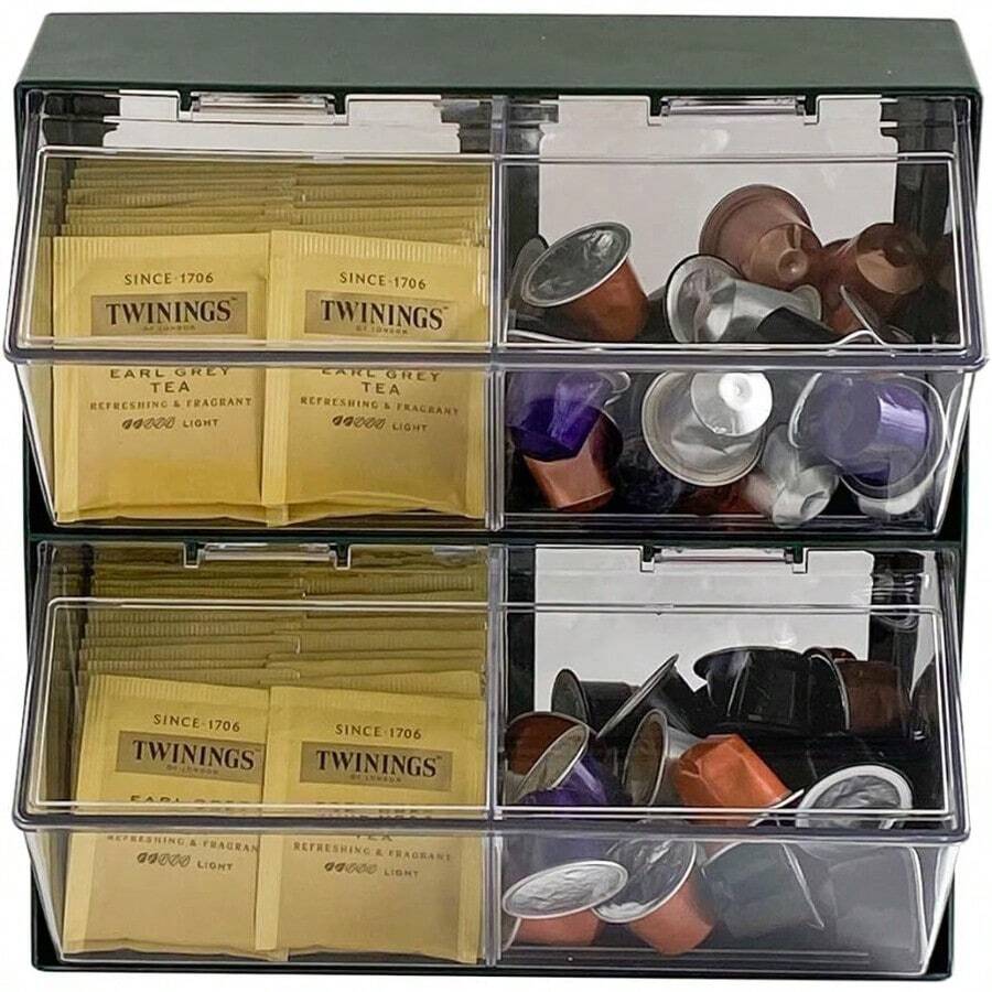 Soporte grande para capsulas de cafe verde con tapa accesorios de barra de cafe de plastico organizador de almacenamiento para crema tazas K bolsas de te bolsa de azucar pajita - Verde - Ver 1