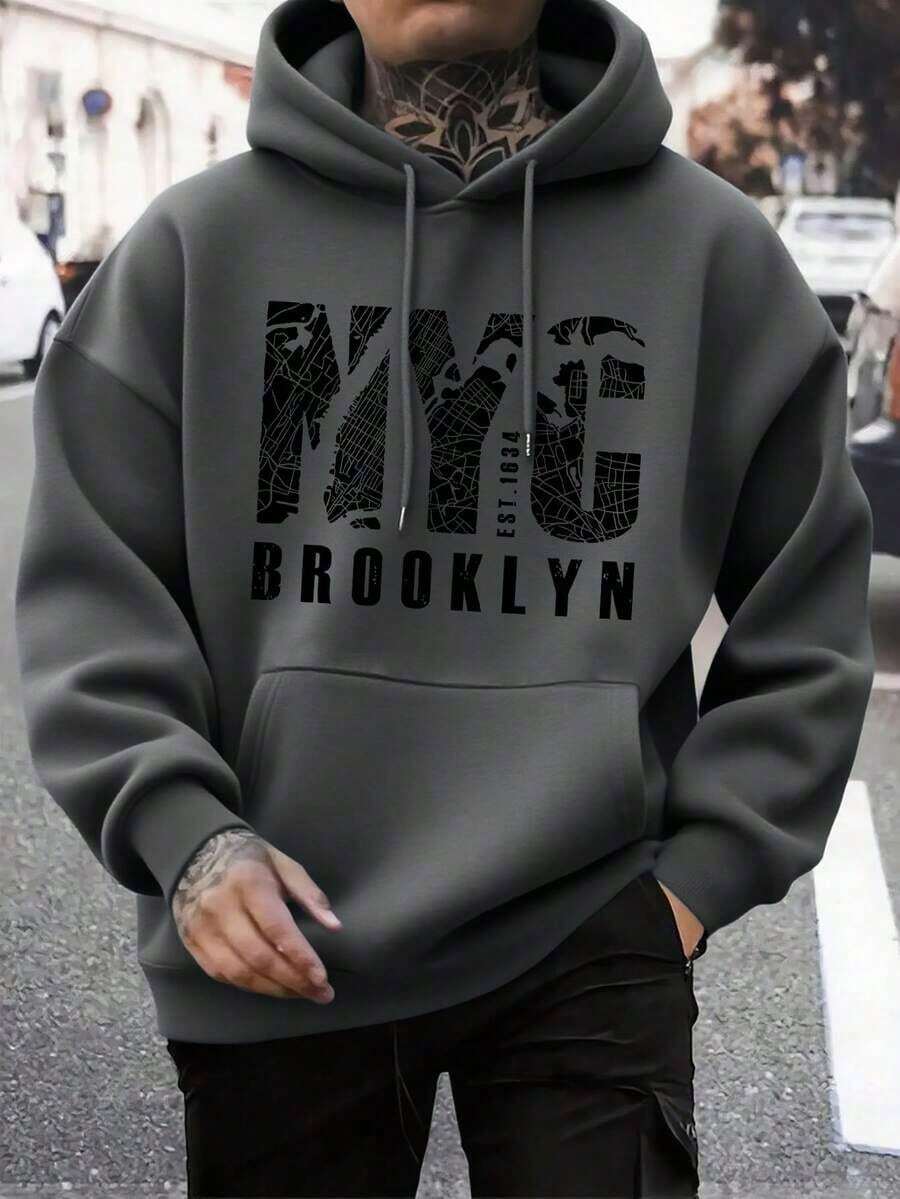 Preppy Lettering Men's Casual Street Hoodie, Drawstring Pocket, Slogan Print, Spring/Autumn, Long Sleeve TopLoose And Comfortable,Casual And Easy-Goin,Valentine's Day Hoodie For Couples,New Years Outfit Women - 深灰色 - 查看 1