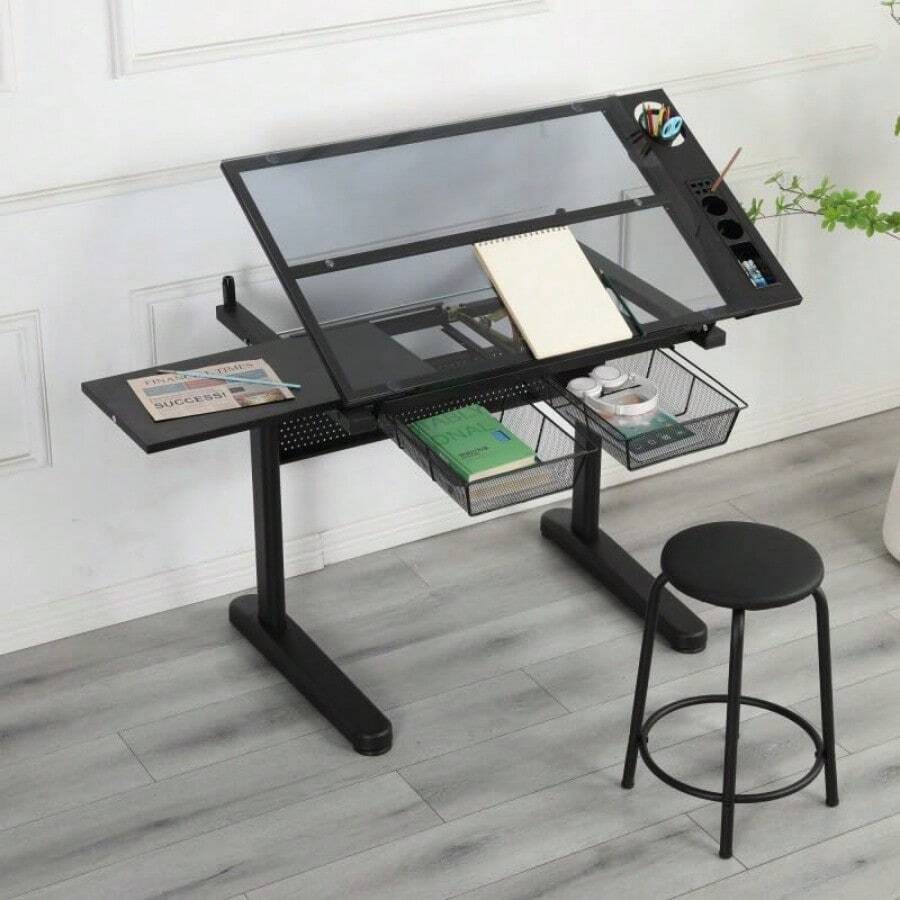 Glass Drafting Table Height Adjustable Drawing Desk With Stool Black Metal Frame 98x60cm Tilting Tabletop Storage Drawers - Black - View 1