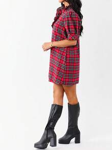 Women's Christmas Plaid Print Tunic Dress Puff Short Sleeve V Neck Loose Shirt Dress Casual Babydoll Xmas Dress With Pocket - Đỏ - Xem 8