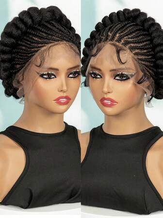 วิกผมเปีย Afro, ถักด้วยมือ วิกผมเปียหน้าลูกไม้สังเคราะห์ถักกล่องพร้อมผมเด็กสำหรับผู้หญิง, วิกผมด้านหน้าลูกไม้สำหรับผู้หญิง, วิกผมเปียด้านหน้าลูกไม้เต็มรูปแบบ 360 ขนาด 10 นิ้ว #1B, เต็ม