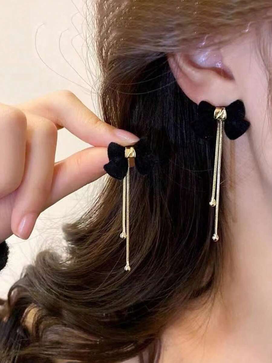 1对秋冬季蝴蝶结流苏耳环,复古优雅,时尚百搭 - 黑色2 - 查看 1