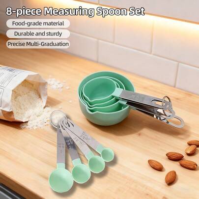 8pcs Measuring Spoon And Cup Set, Includes 4 Measuring Spoons And 4 Mini Measuring Cups, Precise Measuring Tools For Solids And Liquids, Stackable And Hanging Storage, Easy To Clean