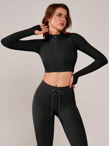 NcmRyu 女士罗纹高领半拉链短款瑜伽普拉提跑步健身舞蹈锻炼长袖上衣 - 黑色 - 查看 9