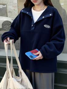 DAZY Women's Loose Fit High Neck Sweatshirt With Front Logo Print, Thick Thermal Lining, Autumn - Blue - View 6