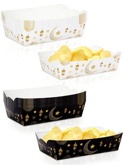 10 قطعة / 20 قطعة / 50 قطعة صواني طعام ورقية بنمط هلال وكوكب باللون الأبيض والذهبي لحفلات عيد مبارك، إكسسوارات حفلات عيد الفطر، صواني تقديم للشيبس والنتشوز والبطاطا المقلية والحلوى