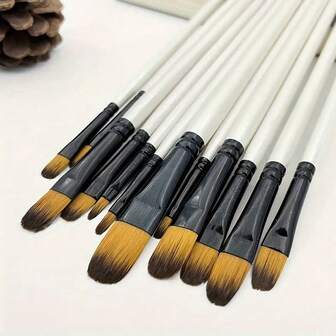 חבילה של 12 מברשות פילברט מקצועיות, ידית עץ, זיפי ניילון, אידיאליות לצביעת אקריליק, צבעי מים, שמן, מתחילים ומקצוענים