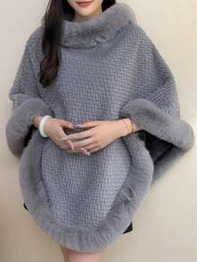 1pc Knitted Textured Women Hooded Poncho Shawl, Soft Faux Rabbit Fur Collar, Loose Fit Autumn/Winter Outerwear Cape For Dress - 灰色 - 查看 1