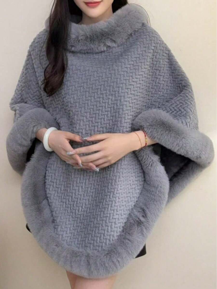 1pc Knitted Textured Women Hooded Poncho Shawl, Soft Faux Rabbit Fur Collar, Loose Fit Autumn/Winter Outerwear Cape For Dress - 灰色 - 查看 1