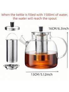 1 Set 1800ml (52oz) Glass Teapot With Removable Stainless Steel Infuser, Heat-Resistant Large Capacity Teapot, Handcrafted Floral Loose Leaf Pattern Design, Suitable For Women And Adults, Year-End Promotion Special Offer - Transparent - View 7