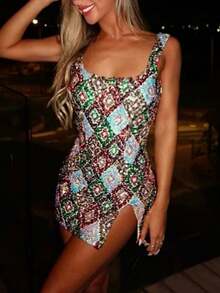 Women Sparkly Sequin Mini Dress Y2k Contrast Shining Split Slim Fit Sleeveless Sundress Summer Stylish Sexy Bodycon Going Out Party Dress Streetwear - 金色 - 查看 2