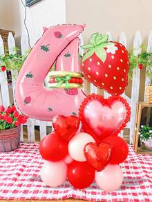38pcs Strawberry Number Balloon Set, Suitable For Fruit Birthday Party Decoration, Cute Party, Tropical Party, Birthday Decoration, Strawberry Theme Birthday, Atmosphere Scene Decoration Supplies - Multicolor - View 4